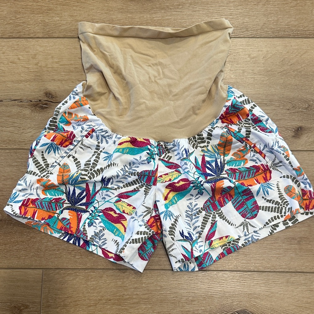 Motherhood Maternity Tropical Floral Shorts with Beige Waistband